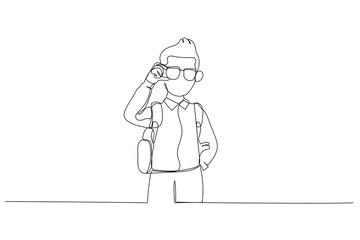 Drawing of boy with book and bag go back to school. Continuous line art