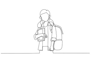 Drawing of kid with backpack hold books in school. Continuous line art style