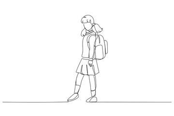 Cartoon of happy schoolgirl goes to school. One continuous line art style