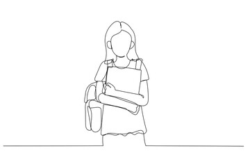 Drawing of school girl child with school bag and books. Single continuous line art style