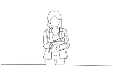 Cartoon of little schoolgirl with backpack holding notebook. One line art style