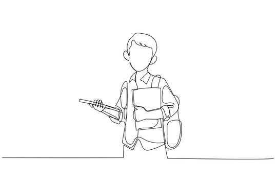 recommend clip art: Cartoon of boy with backpack holding books and tablet computer with copy space. Single line art style