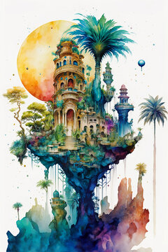 Watercolor Painting of a Magical Dreamscape Castle with Lush Plants