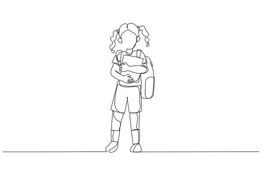 Illustration of little girl goes to school for the first time with a school bag and a book. Single line art style