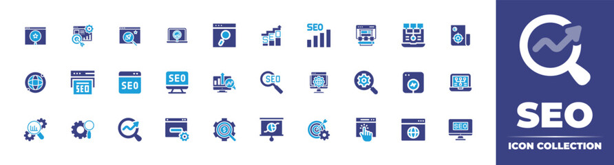 Seo icon collection. Bold icon. Duotone color. Vector illustration. Containing seo, seo and web, seo report, it support, target, browsing, international, and more.