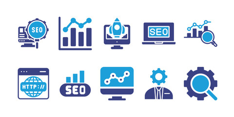 Fototapeta na wymiar Seo icon set. Bold icon. Duotone color. Vector illustration. Containing search engine optimization, ranking, start up, seo, seo report, website, analytics, consulting.