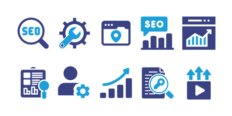 Seo icon set. Bold icon. Duotone color. Vector illustration. Containing seo, setting, web, web traffic, analytic, profile, growth graph, keyword, publishing.