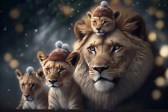High quality illustration representing the importance of family, through a cute family of lions together during the winter.