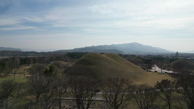 Daereungwon Tomb Complex pond view in winter at Gyeongju, South Korea