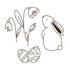 Easter bunny, eggs and flowers. Cute rabbit outline black and white doodle vector illustration set.