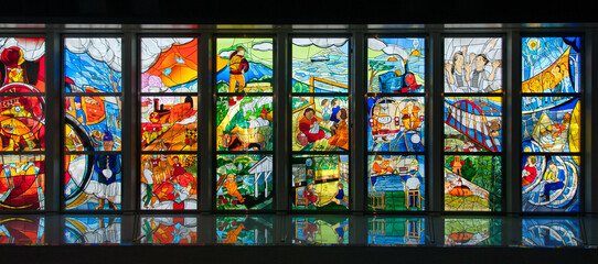 Stained glass window depicting Japanese railway evolution