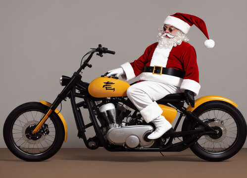 Weihnachtsmann als Rocker auf gelbem Motorrad, Digital Painting (Generative AI)