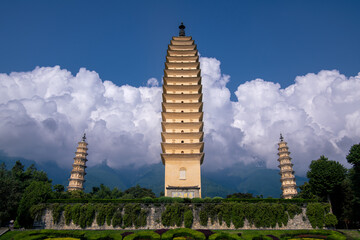 Front view of the Three Pagodas of Chongsheng Temple with overcast weather in Dali Yunnan China