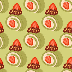 Strawberry matcha cake roll seamless pattern. Matcha dessert pattern on green. Japanese Matcha Roll