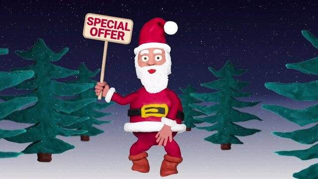 Seamless looping animation of a plasticine Santa Claus with a Special Offer sign walking through a winter landscape including green screen and luma matte 