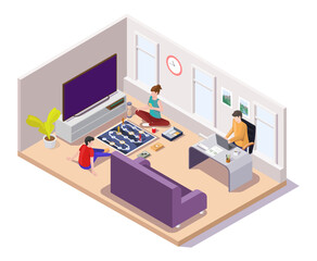 Man working at home isometric vector illustration