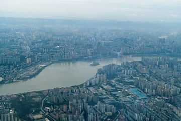 Aerial view of city of Chongqing and Yangtze river in China