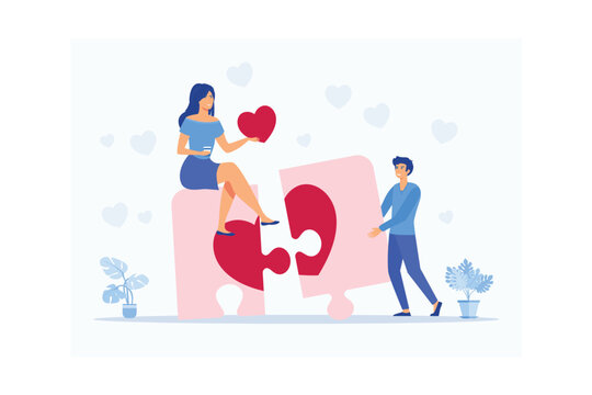 Young man and woman holding pieces of heart that is matching. Love couple match. Valentine's day. Soulmate. Heart jigsaw. Date or blind date, flat vector modern illustration
