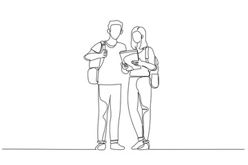 Illustration of two students with tablet and backpack posing together. Single continuous line art style