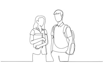 Drawing of two college students stand in from of university. Perfect for book cover. Continuous line art