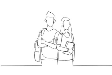 Cartoon of students boy and girl stand and posing in ready to take education. Book cover concept. One line style art