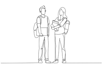 Drawing of two college students standing and posing in front of class. Continuous line art style