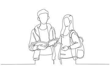 Cartoon of students couple in school library have discussion about book novel. One continuous line art style