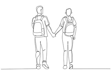 Illustration of couple of students with backpack walking away. Single line art style
