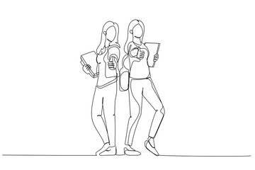 Fototapeta na wymiar Illustration of young asian students with thumbs up standing and posing. Single line art style