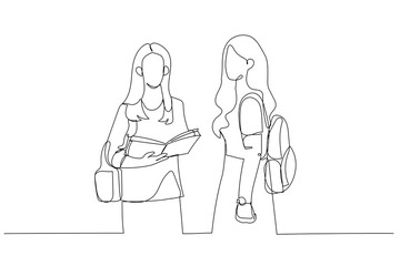 Drawing of two teen real girls in classroom want to study at university. Single continuous line art style
