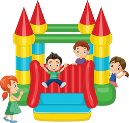 Cartoon children on a bouncy castle - 553895675