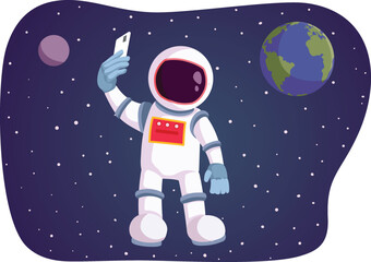 Funny Cartoon Astronaut Taking a Selfie with Earth and Moon. Happy cosmonaut floating in space taking a photo of himself
