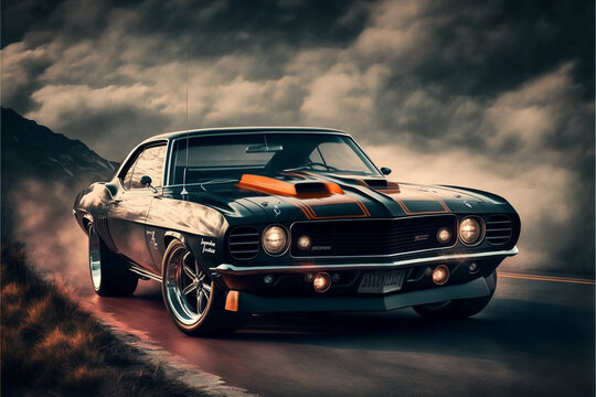 American muscle car, creative digital painting, vintage style © Painting Cat