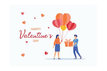 Fototapeta na wymiar Valentine's Day postcard with people and pink flying balloons on white background. Romantic poster, flat vector modern illustration