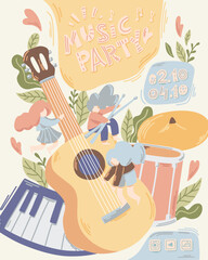 Music festival.Vector illustrations of musicians, people and musical instruments: drums, synthesizer and other musical instruments. 

