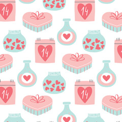 Cute seamless pattern for valentines day. Pattern with hearts, jar, gift. Romantic print. Vector illustration. Flat style.