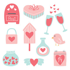 Set of valentines day elements. Collection of gift, bird, heart, calendar, mailbox. Vector illustration in a flat hand drawn style.