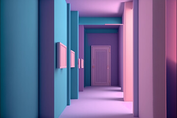 Fototapeta premium Unbearable creativity of emptiness an endless corridor with many doors of blue, purple and pastel pink colors aesthetic backrooms