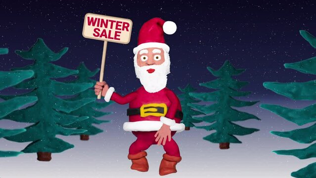 Seamless looping animation of a plasticine Santa Claus with a Winter Sale sign walking through a winter landscape including green screen and luma matte 