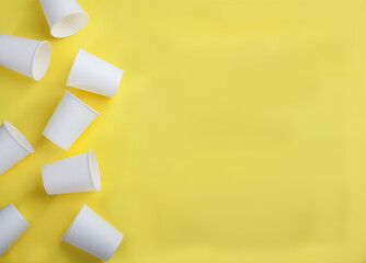 White paper disposable cups on a yellow background. View from above.Flat lay. Copy spaes