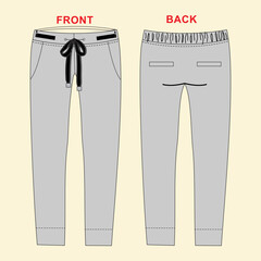 Loungewear pants. Pants with elastic and a drawstring at the waist and side pockets in a relaxed style. Men's home wear. Vector technical sketch. Mockup template.
