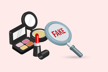 Magnifying glass detect fake or counterfeit cosmetic products. Lipstick, eye pallete and press powder. 3D Vector Illustration.