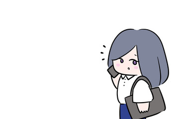 立っている女性　歩く仕事中の女性　バッグを持って歩く女性　外回り営業　外勤　イラスト　　電話で話し中