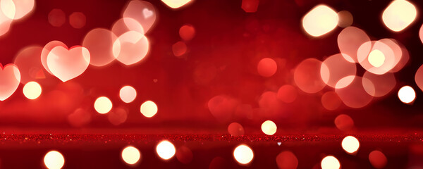 Red and gold glittering background. Romantic Valentine's Day Bokeh Lights.