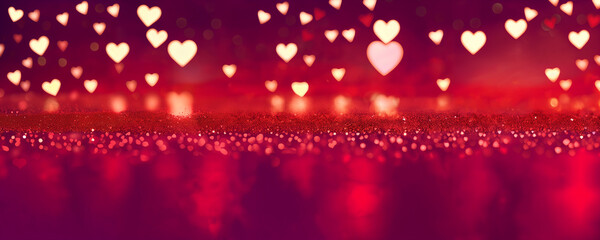 Glowing blurred hearts with red glitter. Romantic Valentine's Day Background. - obrazy, fototapety, plakaty