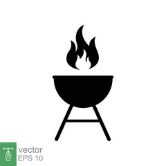 Grill bbq icon. Barbeque, barbecue, summer party, fire and smoke, silhouette symbol, retro, cooking meat,  food concept. Simple flat style. Vector illustration isolated on white background. EPS 10.