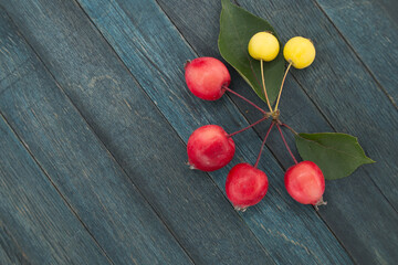 Red and yellow wild apples on wooden background