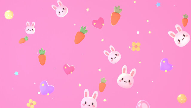 3d rendered pink kawaii bunnies, hearts, flowers, and carrots wallpaper.