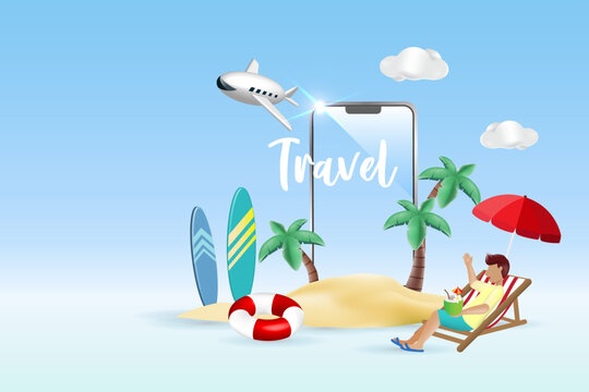 Nomadic lifestyle, online travel vacation at summer tropical beach island. Man relax on beach chair at palm trees island and smartphone. 3D vector for template, advertising, brochure.