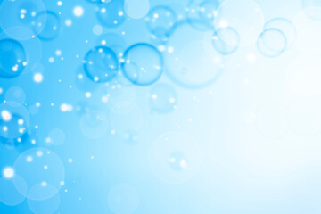 Abstract Beautiful Transparent Blue Soap Bubbles Background. White Gradient. Snowfall Defocus, Blurred Celebration. Freshness Soap Sud Bubble.